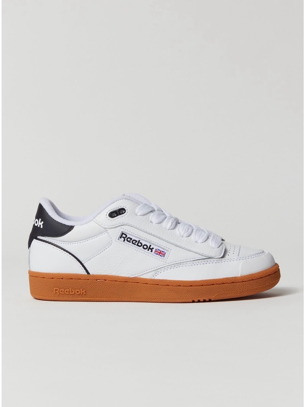 Reebok Men’s White Leather Sneakers with Gum Sole and Black Heel